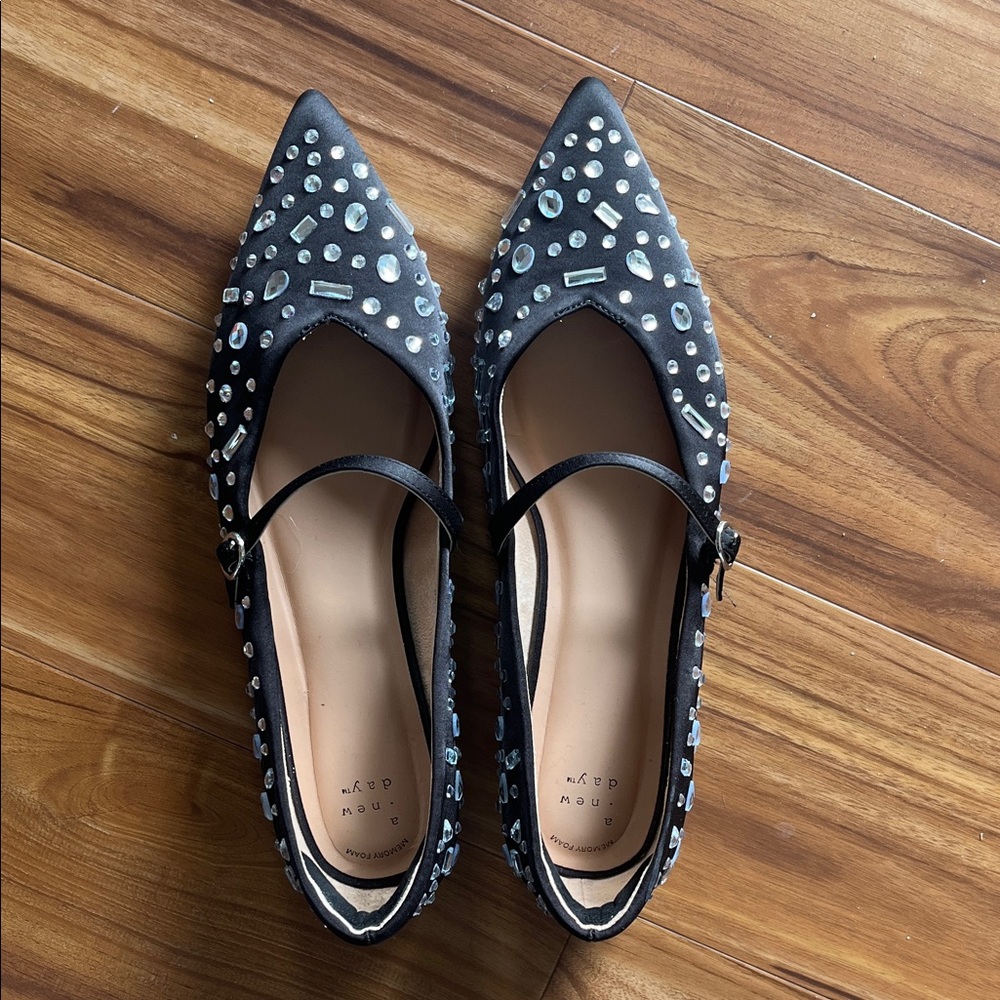a new day Black Studded Pointed Toe Mary Jane Flats